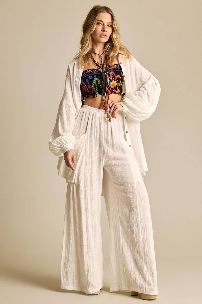 Calça Pantalona Com Elástico No Cós Branco Yacamim A3