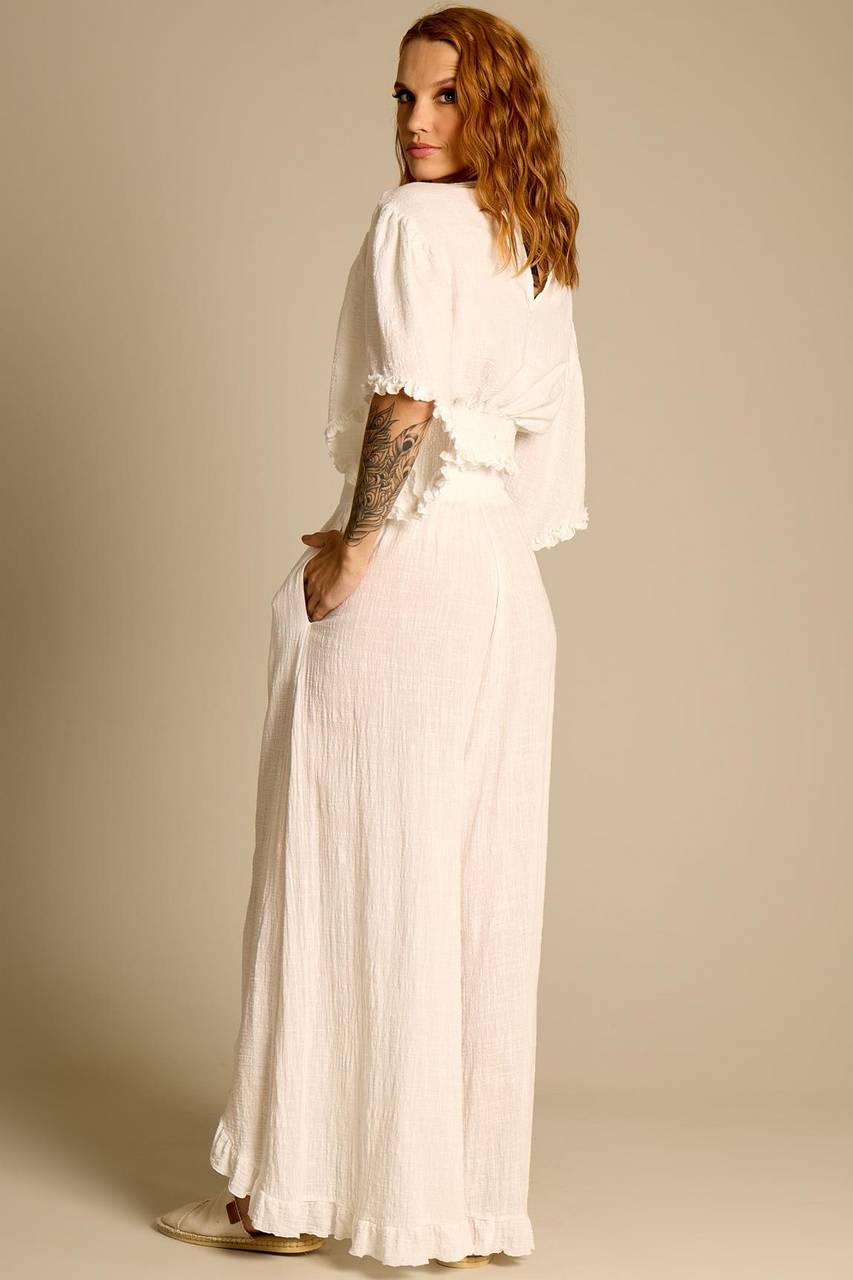 Calça De Cintura Alta Com Babadinhos Branco Yacamim A31