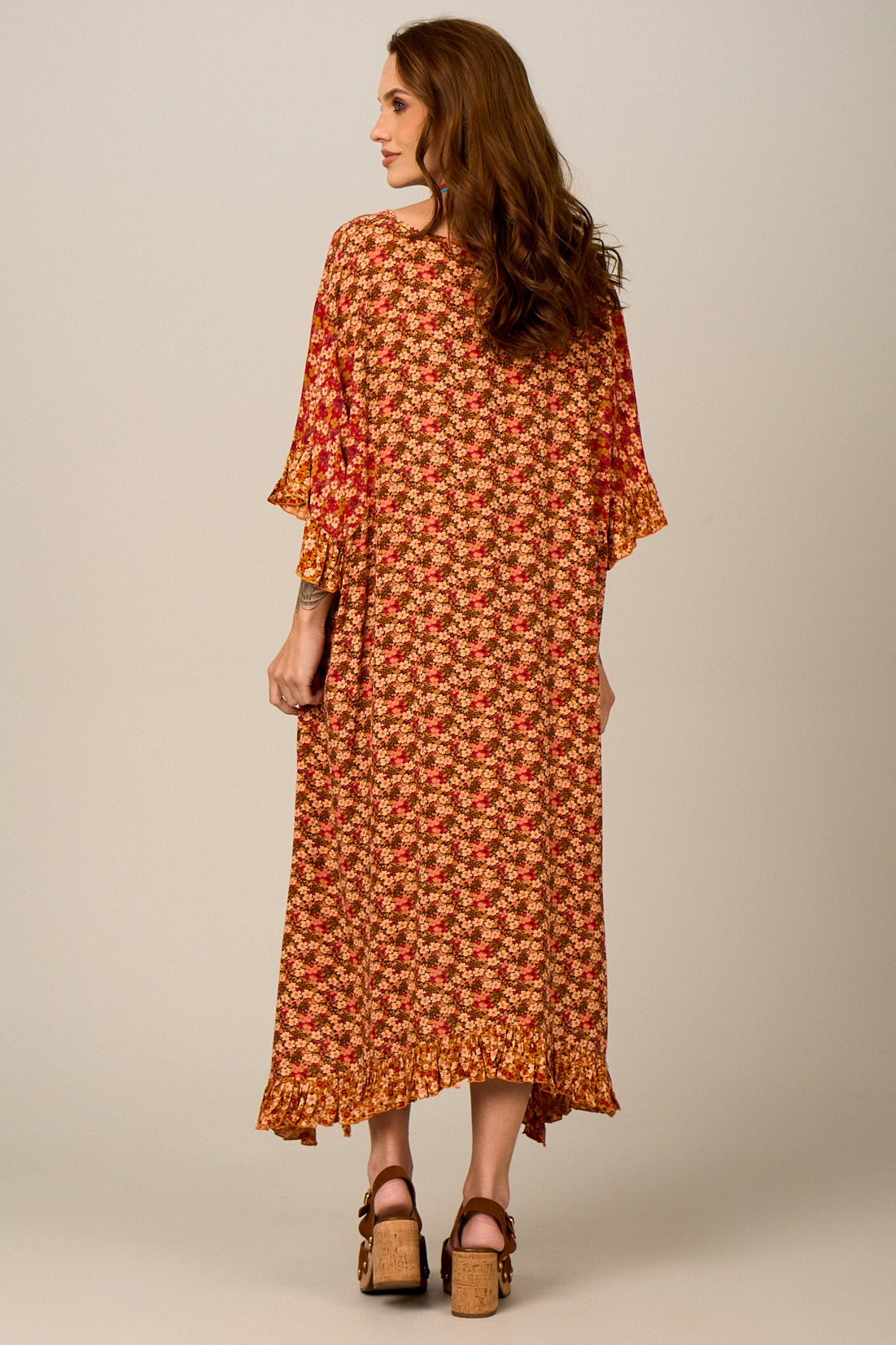 Kaftan Midi Amplo Com Pontas Laranja Patchwork Yacamim J8