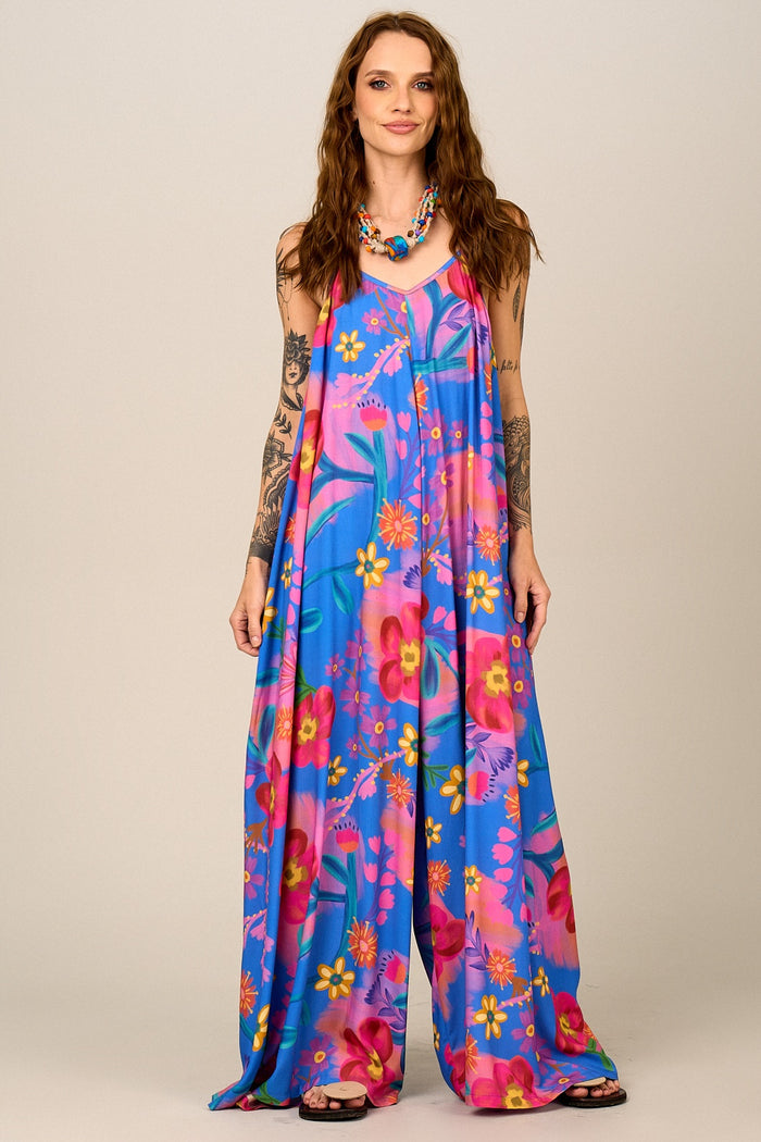 Macacão Pantalona De Alças Reguláveis Colorido Estampado Yacamim O3