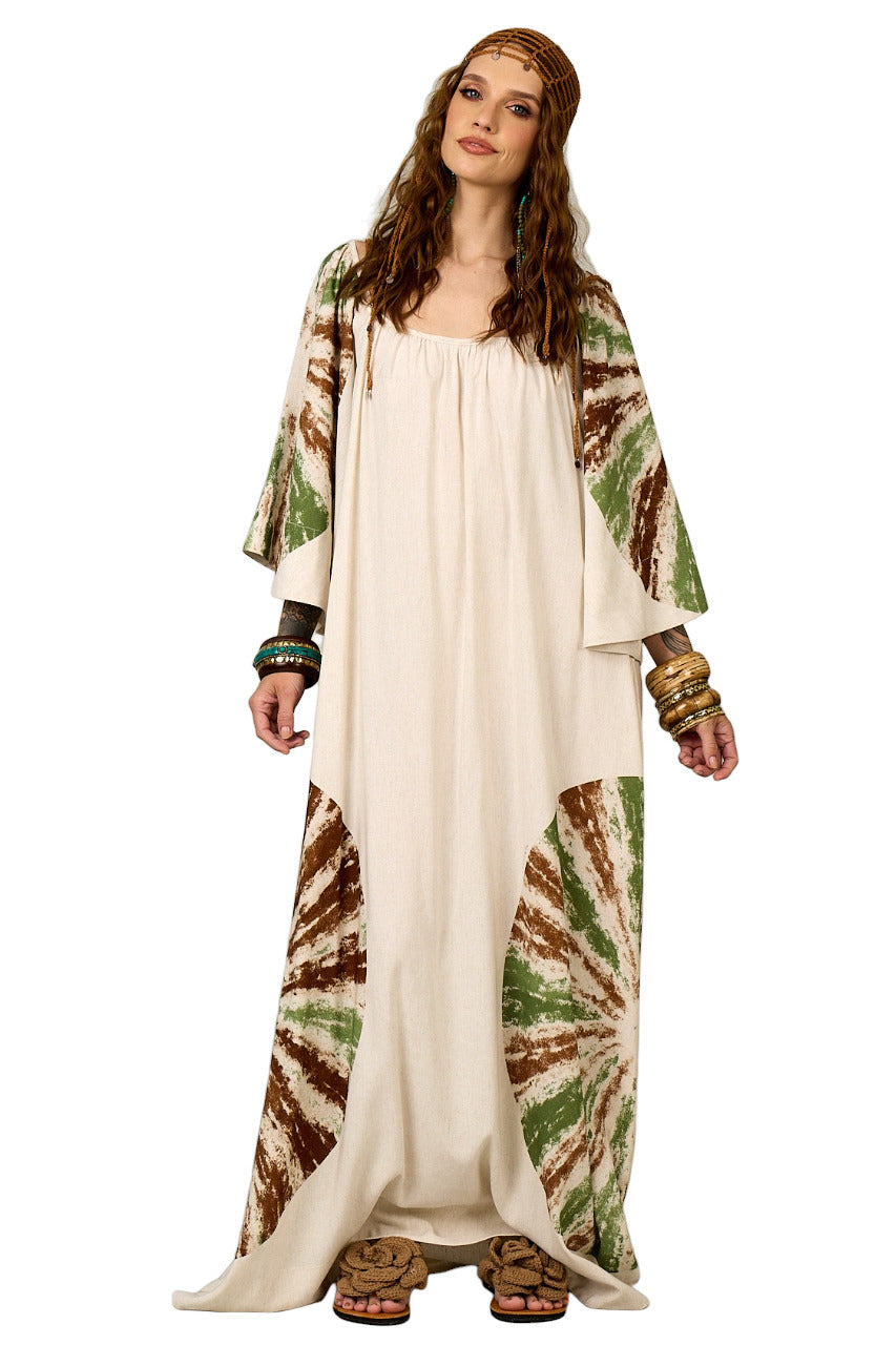 Vestido Longo Bege Estampa De Mandalas Yacamim E12