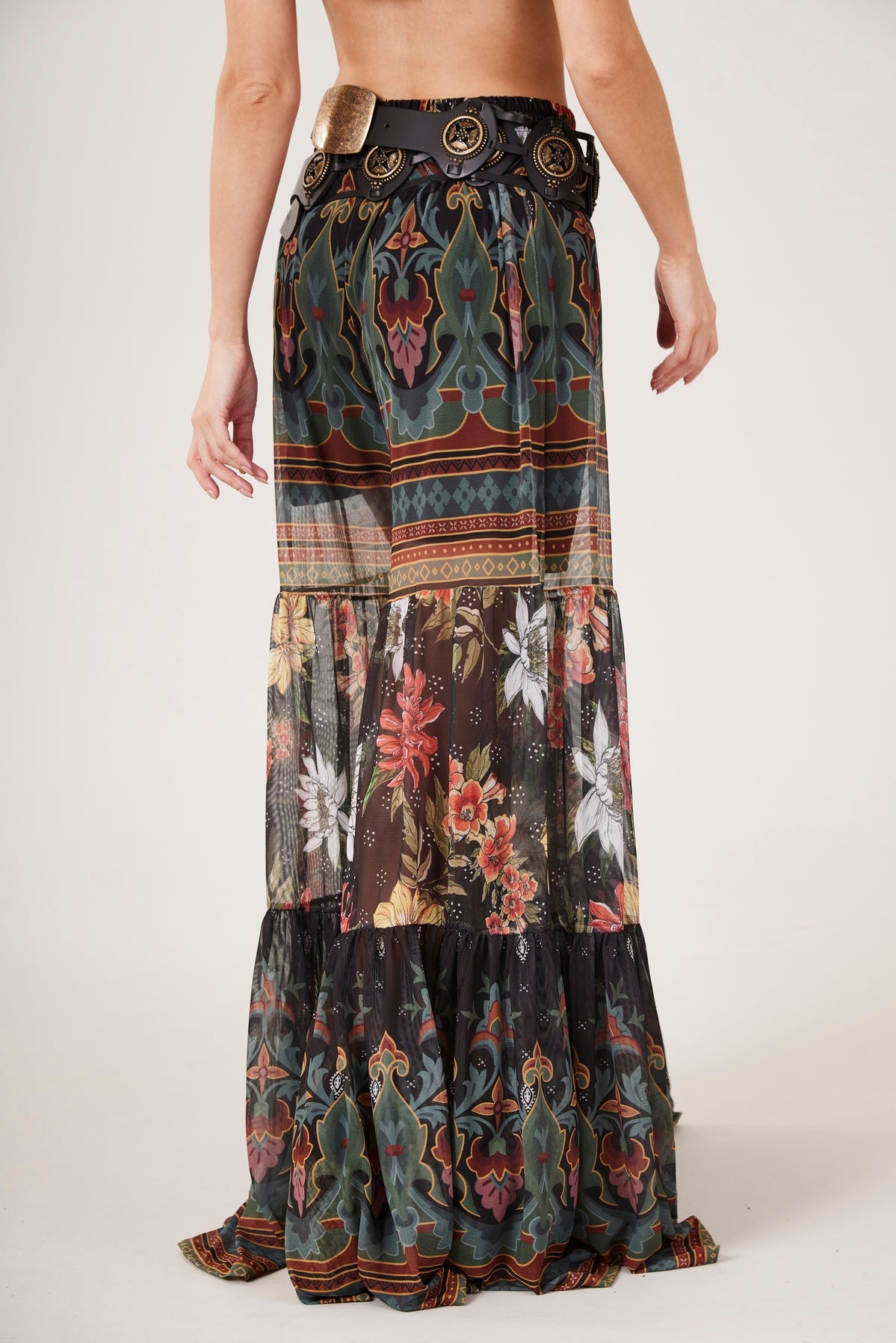 Calça Pantalona De Tule Preto Patchwork Yacamim A22 Paris