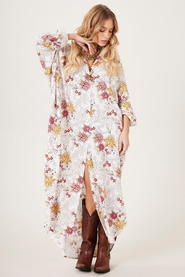 Chemise Longo Amplo Off White Estampa Floral Yacamim N2