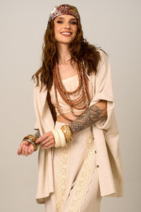 Camisa De Linho Com Mangas 3/4 Bege Nature Yacamim a28