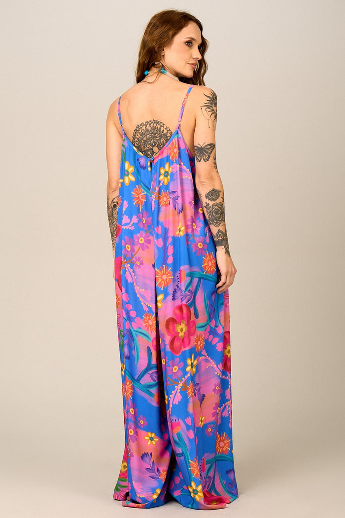 Macacão Pantalona De Alças Reguláveis Colorido Estampado Yacamim O3