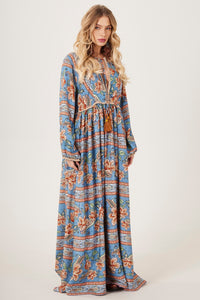 Vestido Longo Com Mangas Bufantes Azul Cashmere Yacamim E26