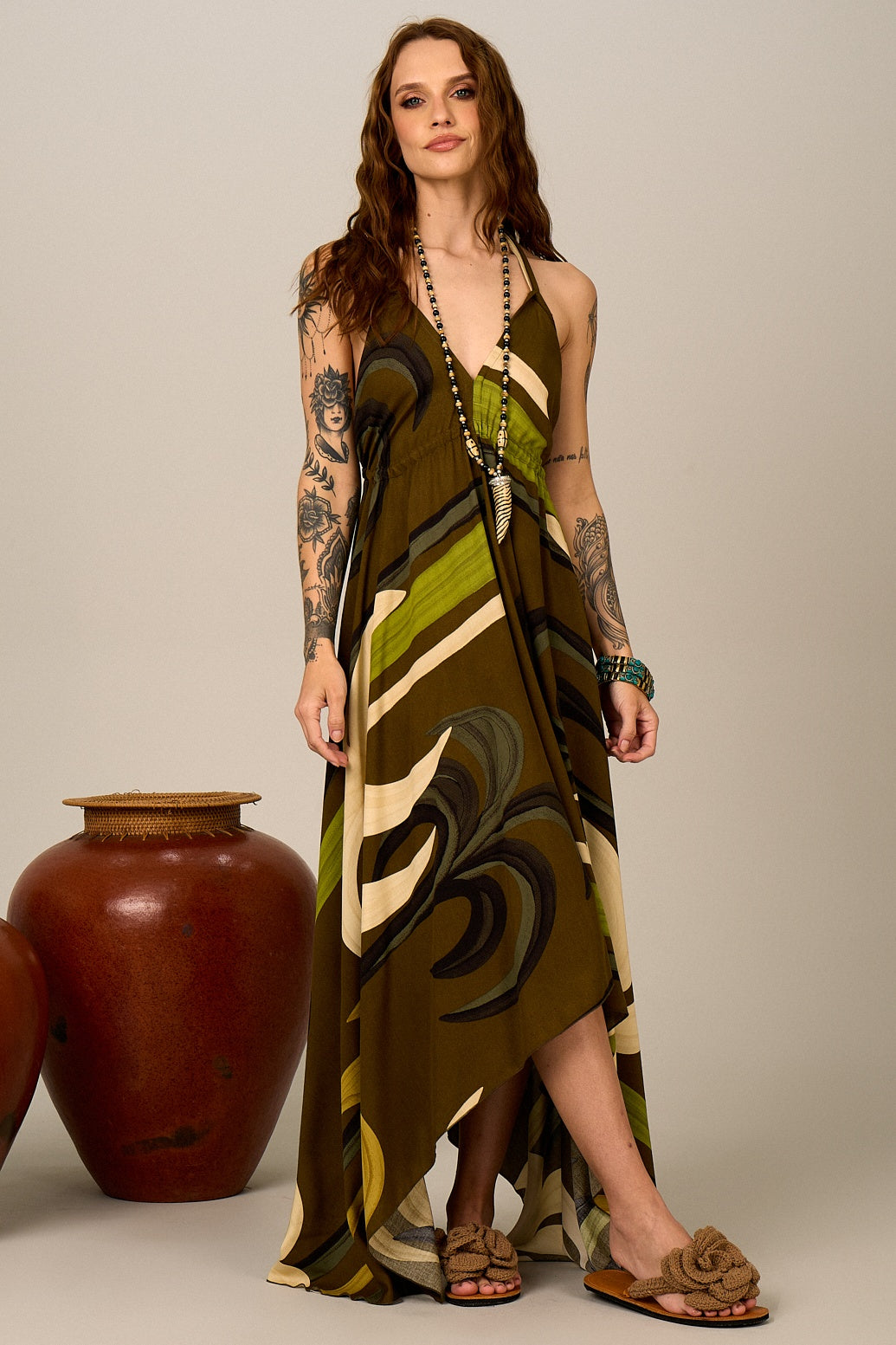 Vestido Longo Frente Única Verde Estampado Yacamim D9