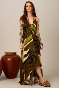 Vestido Longo Frente Única Verde Estampado Yacamim D9