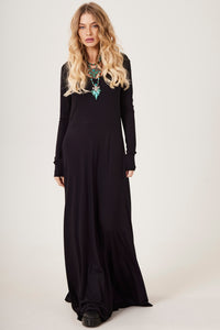 Vestido Longo Com Mangas Justas Preto Yacamim D5 Liso