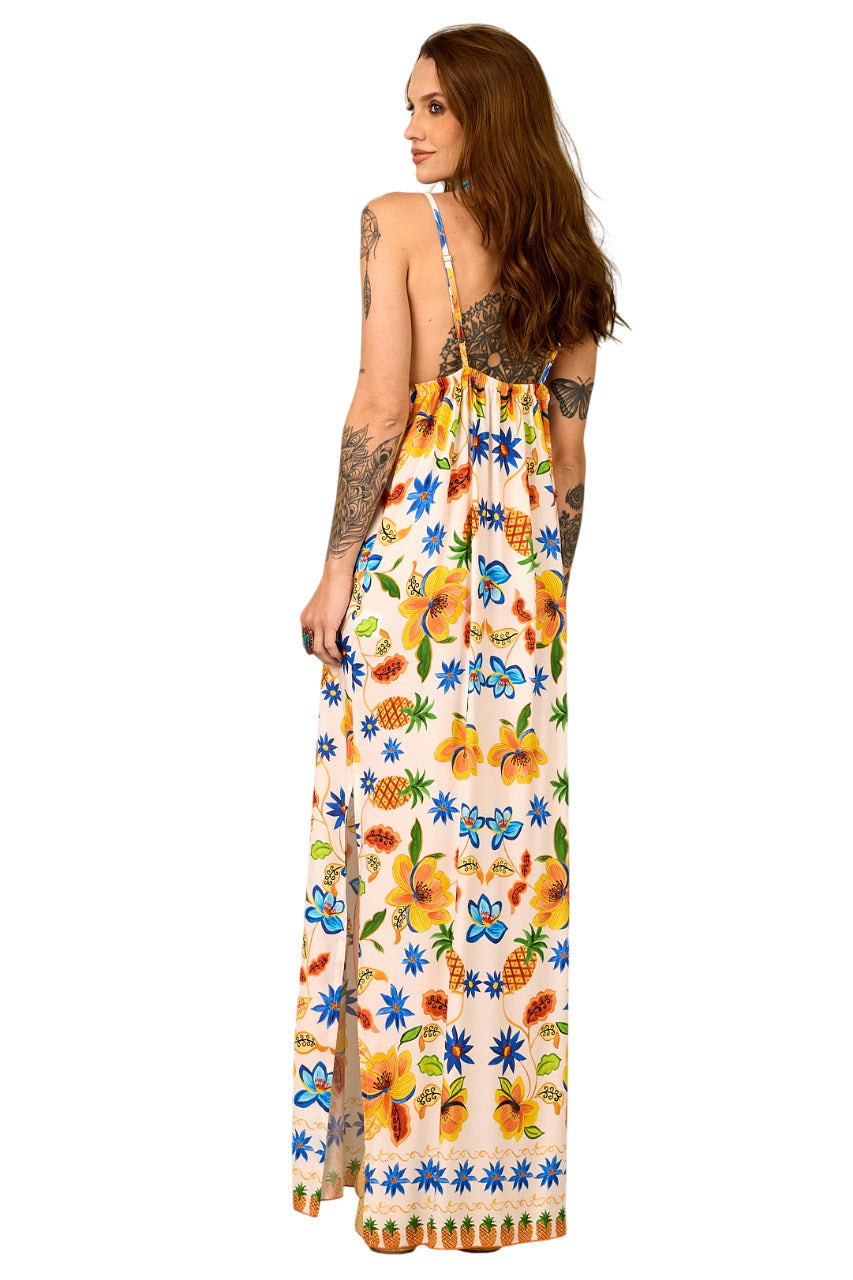 Vestido Longo De Alças Bege Estampa De Abacaxi Yacamim C12