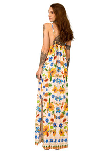 Vestido Longo De Alças Bege Estampa De Abacaxi Yacamim C12