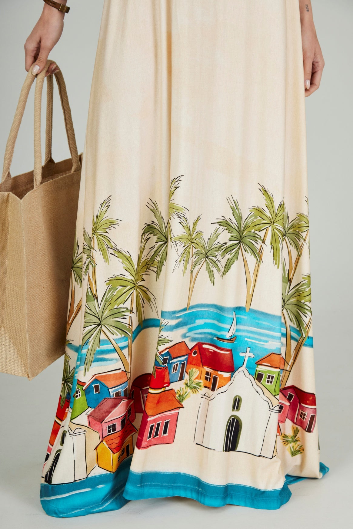 Vestido Longo Nadador Bege Estampado Coleção Bahêa Yacamim R3