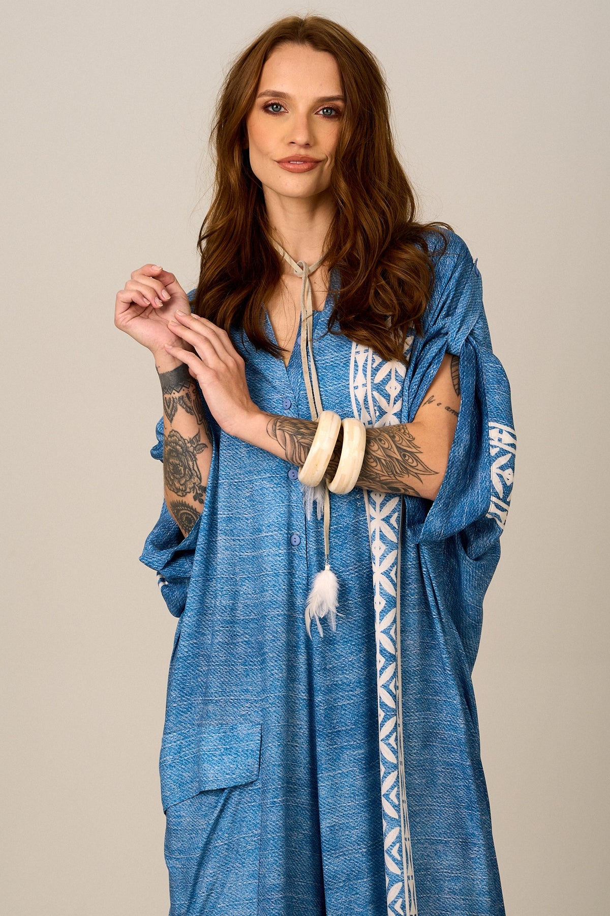 Macacão Longo Pantalona Azul Estampado Yacamim O2