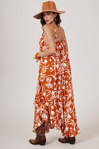 Vestido Longo Com Alças Reguláveis Laranja Estampado Yacamim C2