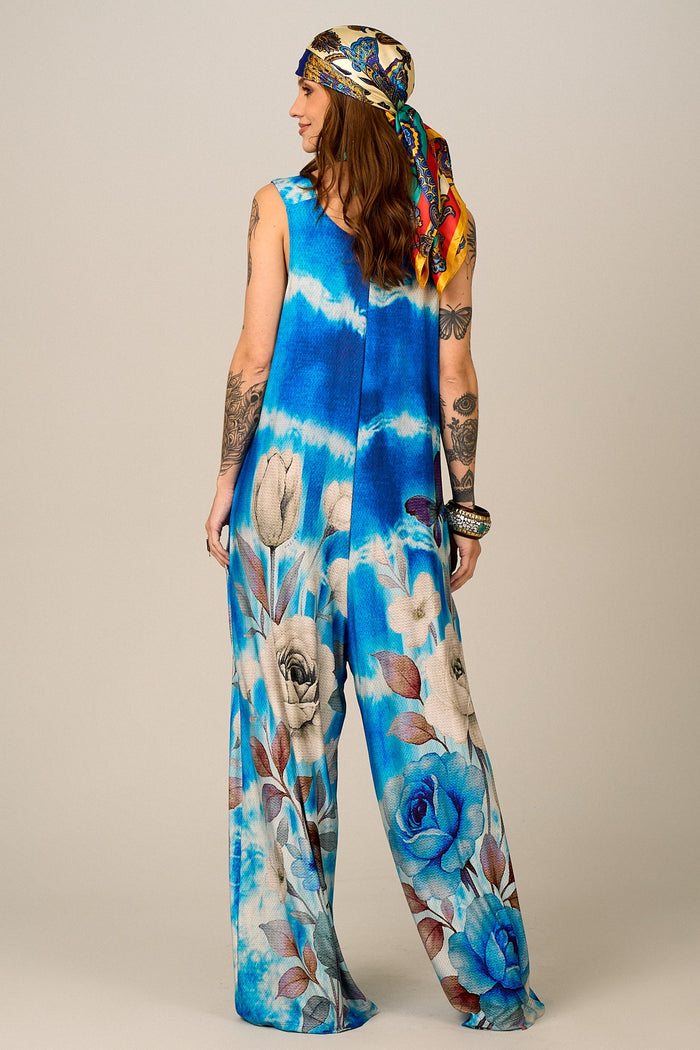 Macacão Pantalona Azul Estampa De Rosas Yacamim O9