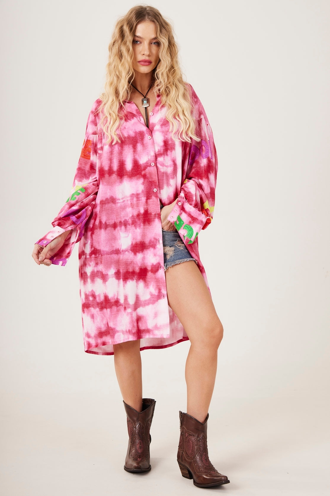 Chemise Ampla Estampa Love Rosa Tie Dye Yacamim L4