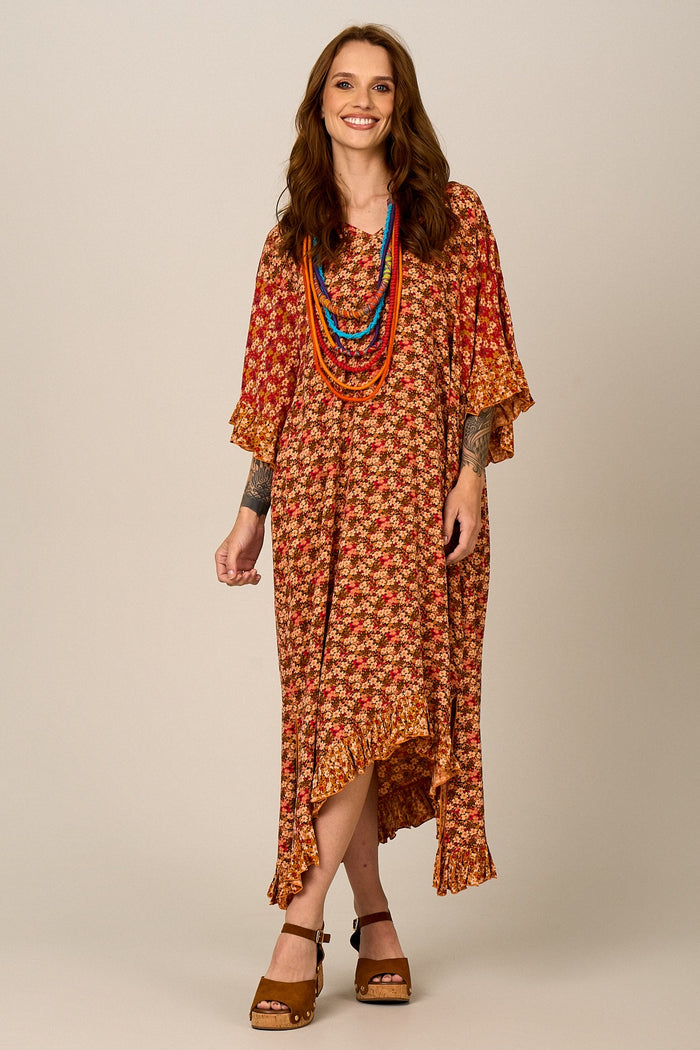 Kaftan Midi Amplo Com Pontas Laranja Patchwork Yacamim J8