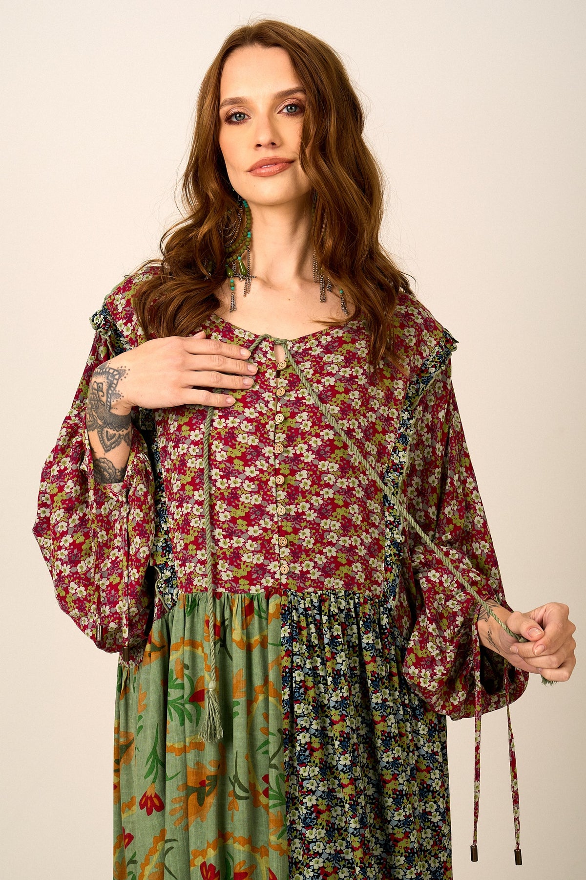 Vestido Longo Amplo Verde Estampado Patchwork Yacamim C20