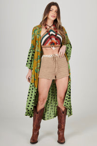 Kimono Longo Com Manga Flare Verde Poá Patchwork Yacamim J9