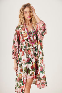 Vestido Curto De Tule Manga 3/8 Rosa Patchwork Yacamim E5