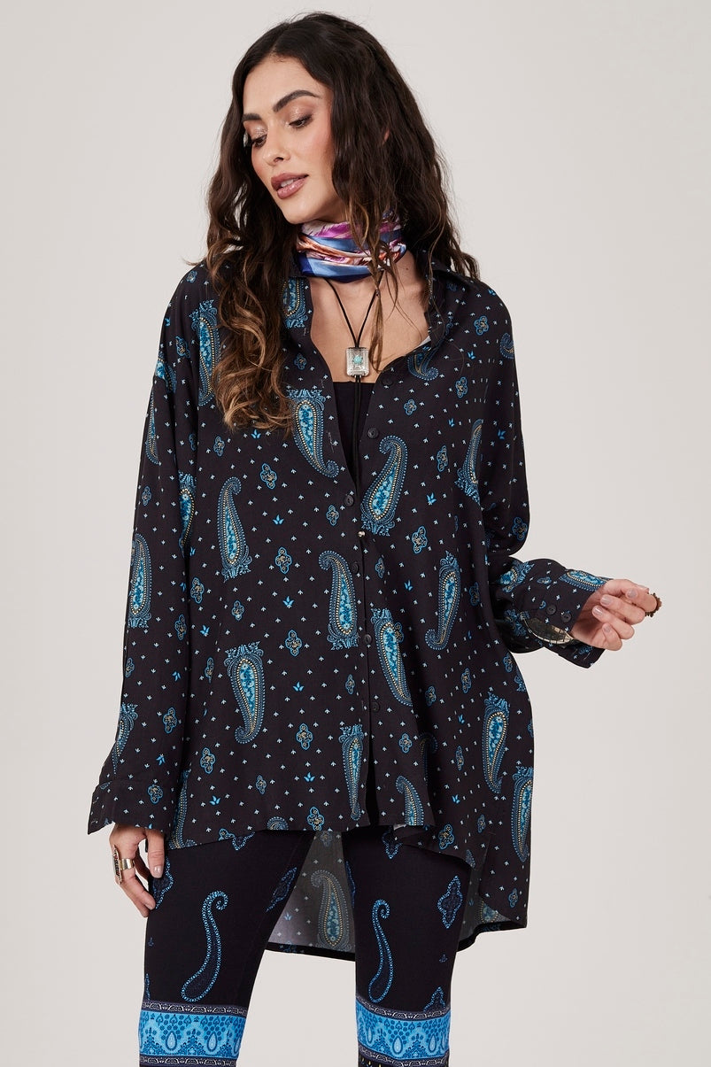 Camisa Ampla Manga Longa Azul Marinho cashmere Yacamim A16