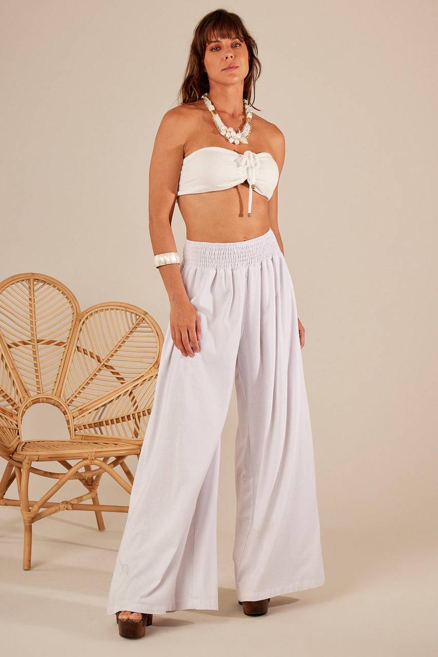 Calça Pantalona De Linho Branco Yacamim H2 liso