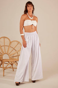 Calça Pantalona De Linho Branco Yacamim H2 liso