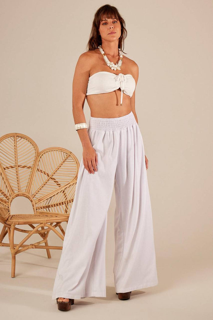 Calça Pantalona De Linho Branco Yacamim H2 liso