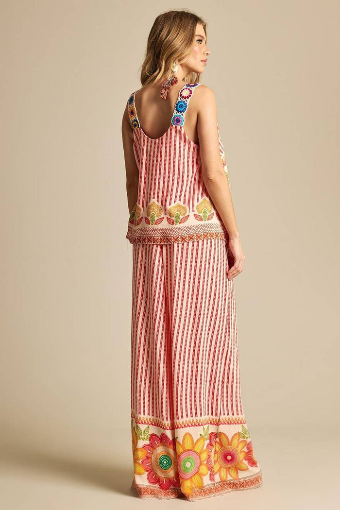 Calça Pantalona Com Elástico Vermelha Listrada Yacamim A33