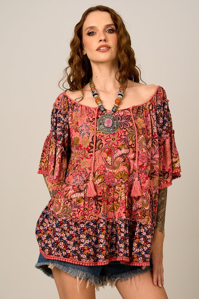 Bata Ampla Rosa Estampado Patchwork Yacamim B25