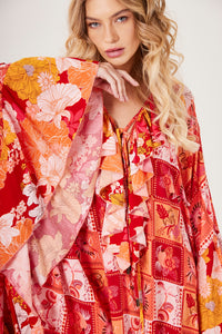 Kaftan Longo Laranja Estampa Geométrica Patchwork Yacamim J8