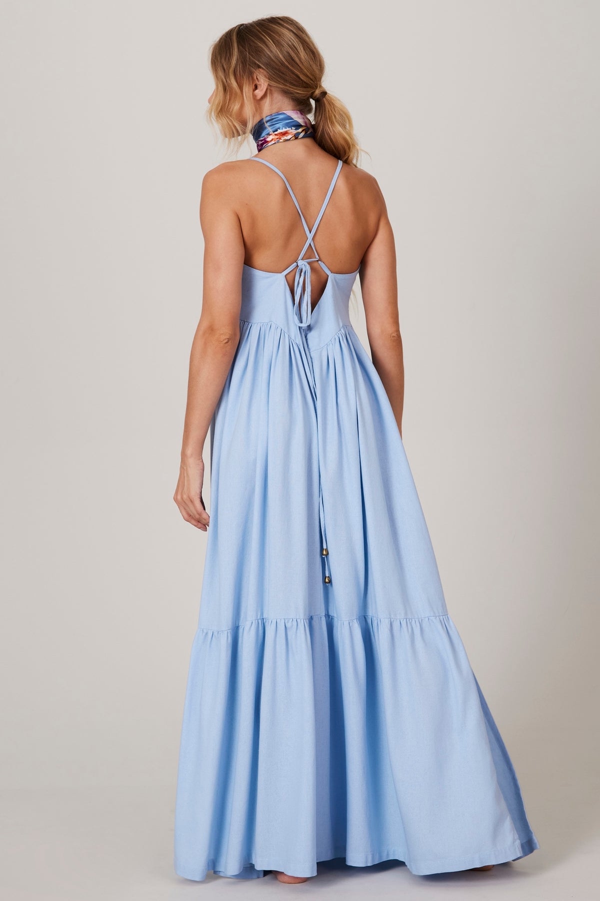 Vestido Longo De Linho Azul Claro Yacamim c5 Liso