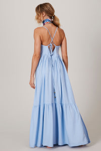 Vestido Longo De Linho Azul Claro Yacamim c5 Liso