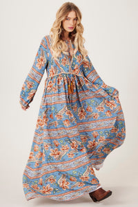 Vestido Longo Com Mangas Bufantes Azul Cashmere Yacamim E26