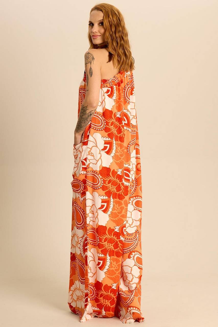 Macacão Longo Pantalona Um Ombro Só Laranja Estampa Paisley Yacamim O4