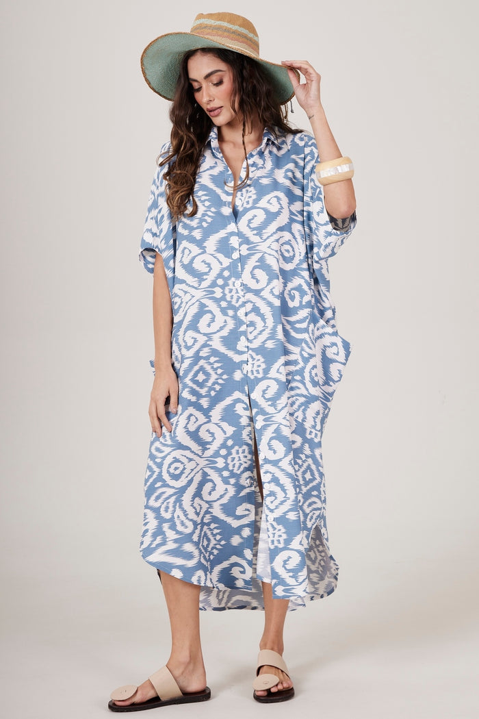 Chemise Midi Com Bolsões Azul Petróleo Estampado Yacamim N4