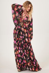 Vestido De Tule Longo Preto Estampa Floral Yacamim D15 Paris