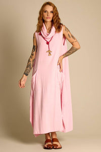 Vestido Longo Regata Gola Rolê Bolsos Rosa Claro Yacamim E22