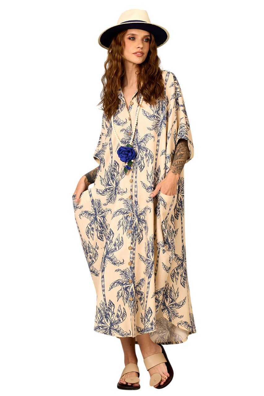 Chemise Longo Bege Estampa De Coqueiros Yacamim N8