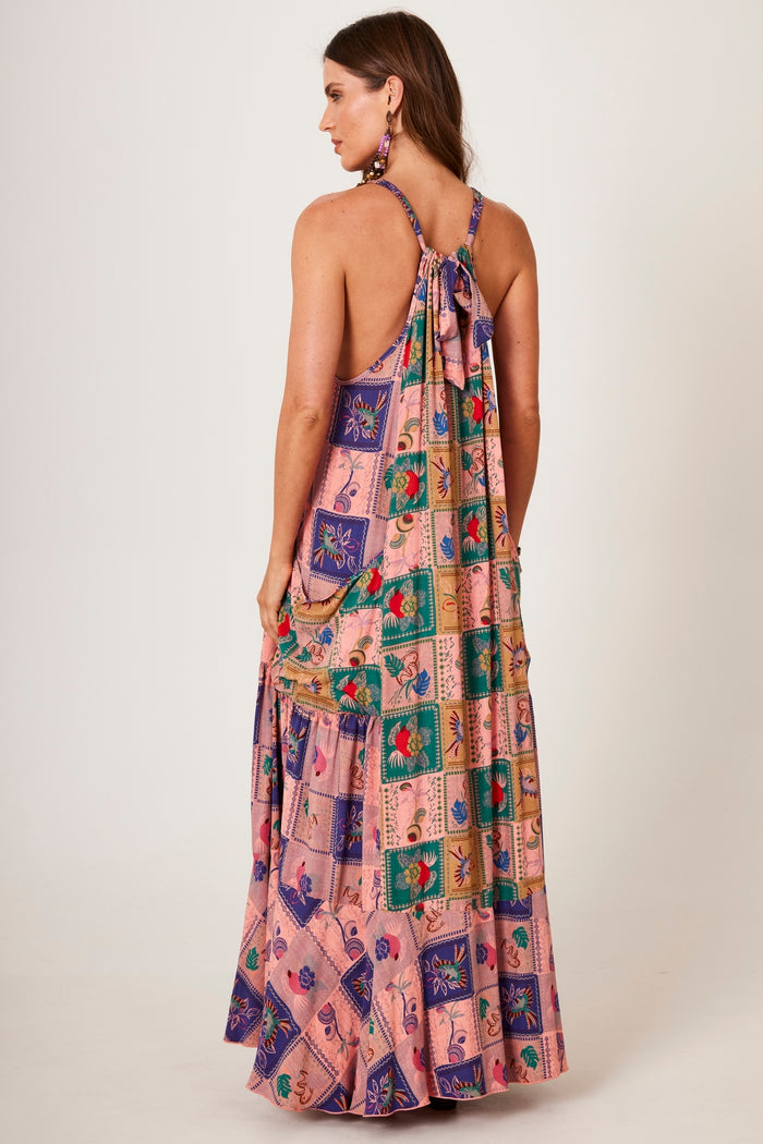 Vestido Longo Amplo Rosa Estampa Geométrica Yacamim E6