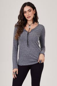 Blusa Básica Com Botões Cinza Mescla Yacamim B14 Liso