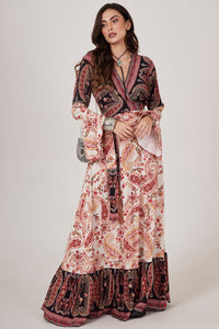 Vestido Longo Transpassado Bege E Preto Cashmere Patchwork Yacamim C17