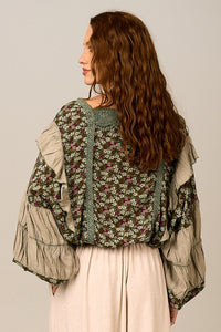 Bata Com Mangas Longas Bufantes Verde Estampado Patchwork Yacamim B20