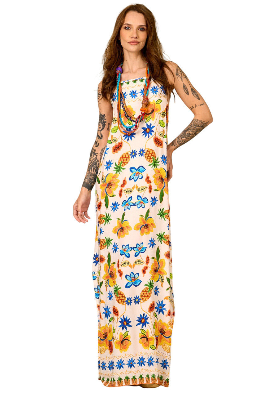 Vestido Longo De Alças Bege Estampa De Abacaxi Yacamim C12
