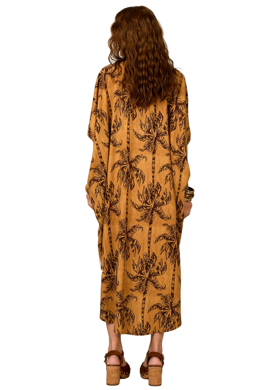 Chemise Midi Viscolinho Marrom Estampa De Coqueiros Yacamim P1