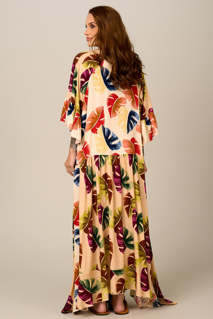 Vestido Midi Amplo Bege Estampa Costela De Adão Yacamim D11