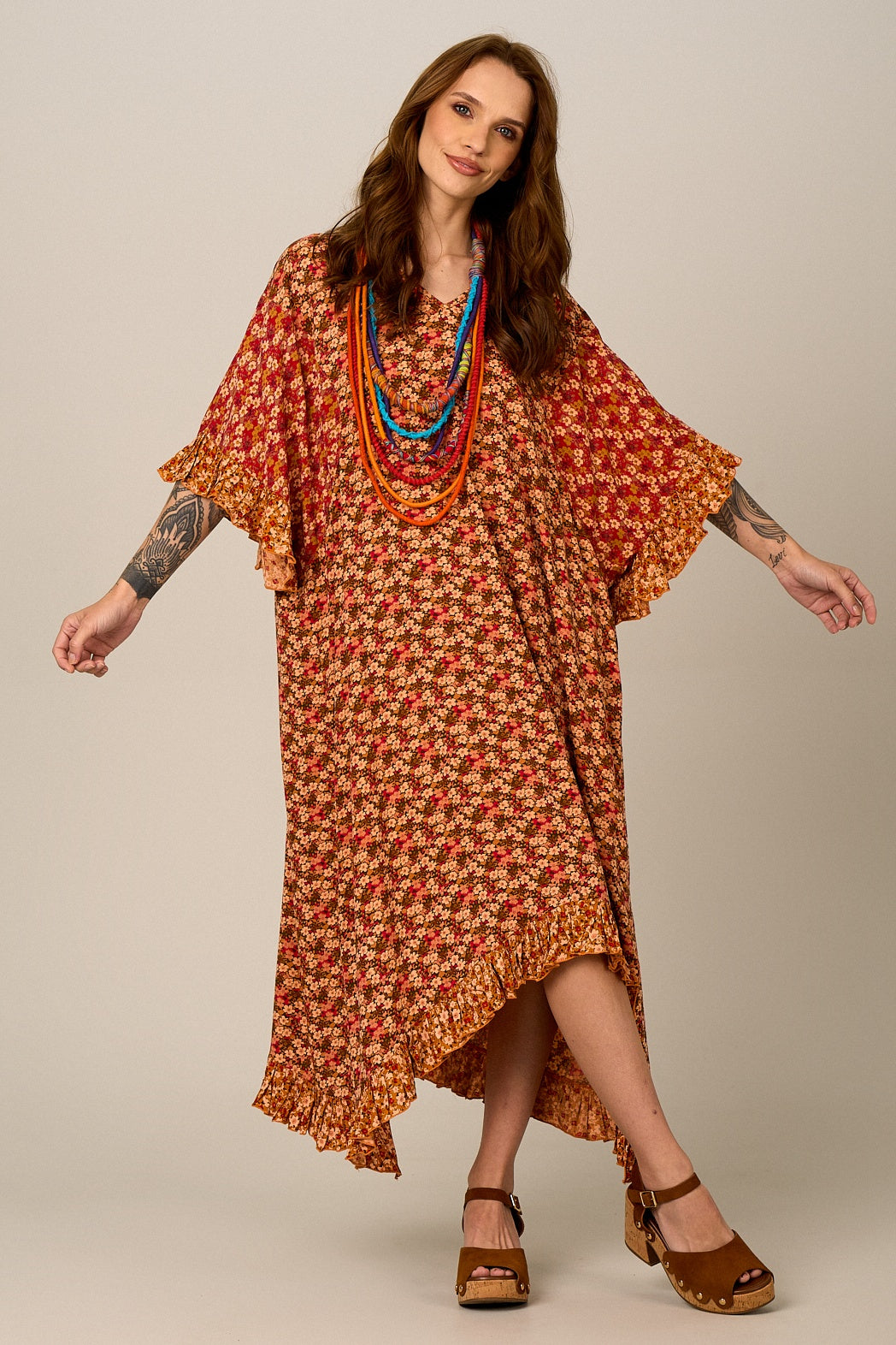 Kaftan Midi Amplo Com Pontas Laranja Patchwork Yacamim J8