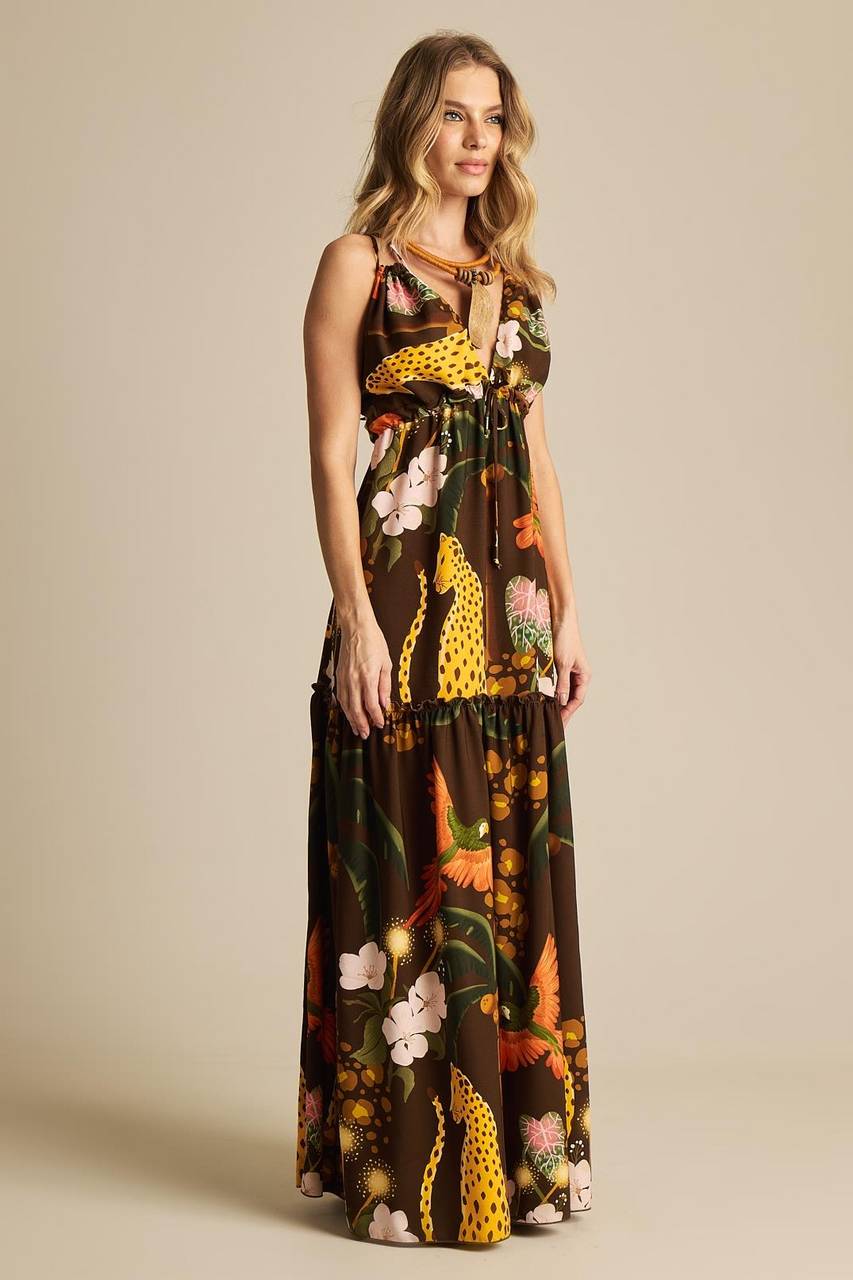 Vestido Longo Com Alças Marrom Estampado Yacamim E21