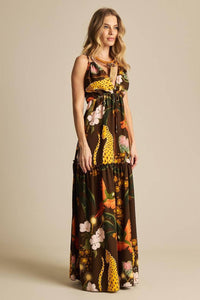 Vestido Longo Com Alças Marrom Estampado Yacamim E21