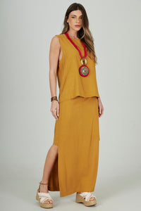 Saia Reta De Viscolinho Mostarda Yacamim A11